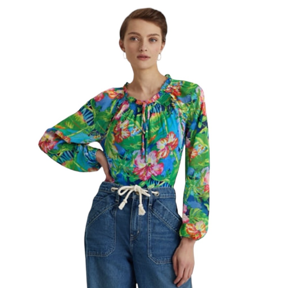 Lauren Ralph Lauren Floral Print Long Blouson Sleeve Ruffled Georgette Top